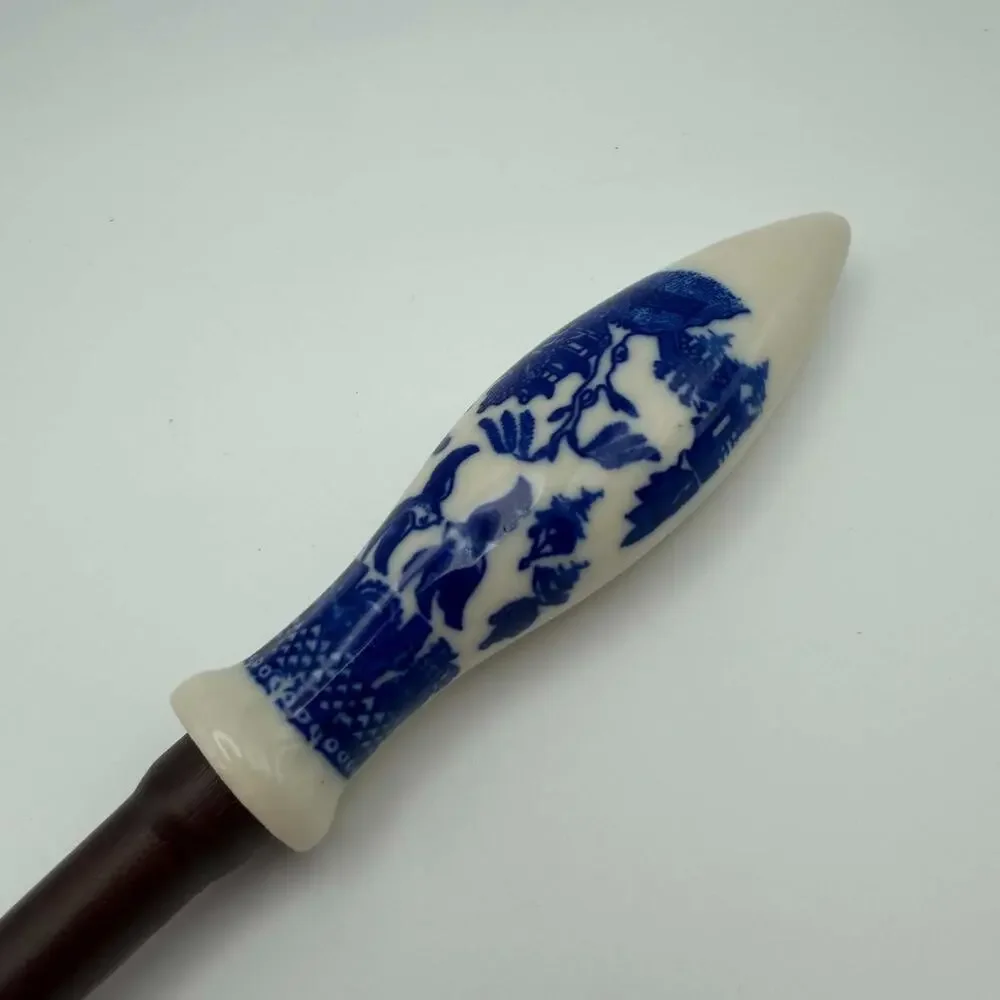 Vintage Wooden Serving Spoon Blue White Handle Dark Wood Salad Serving Spoon
